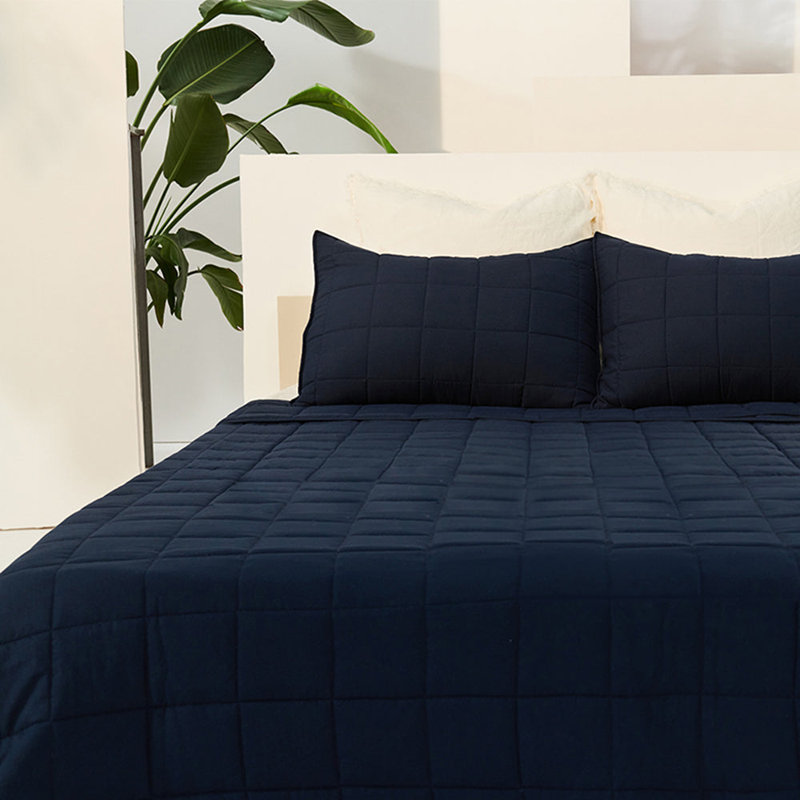 Polyester Plaid Quilt, King Quilt + 2 King Shams, Navy Blue