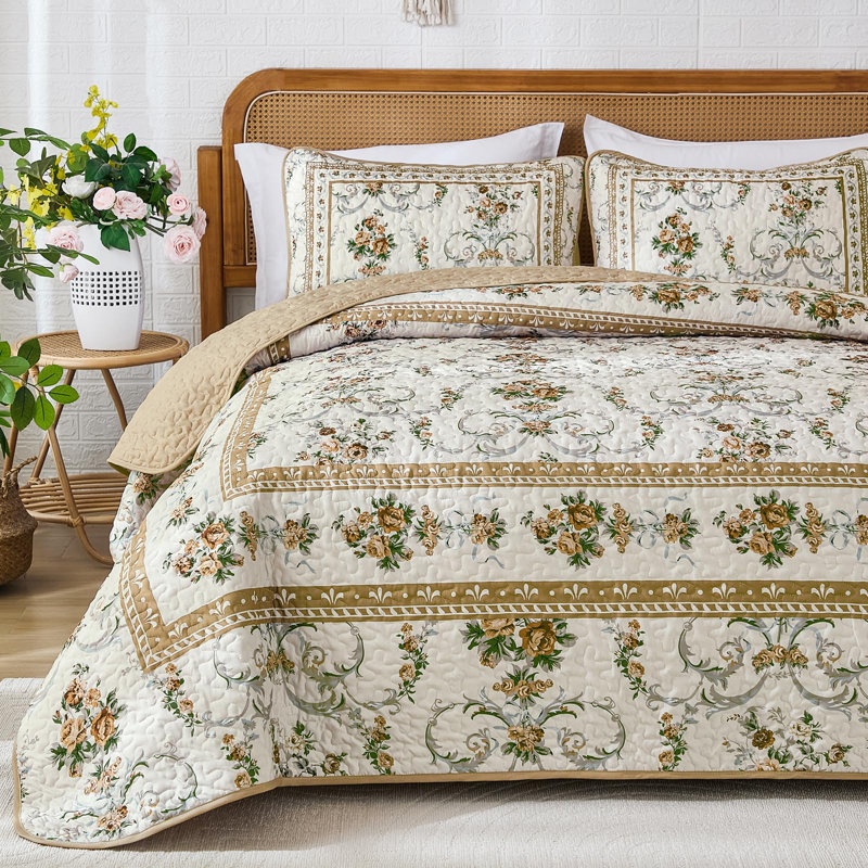 Ensemble de courtepointe 3 pièces à motif floral rétro en microfibre douce pour toutes les saisons, Brun