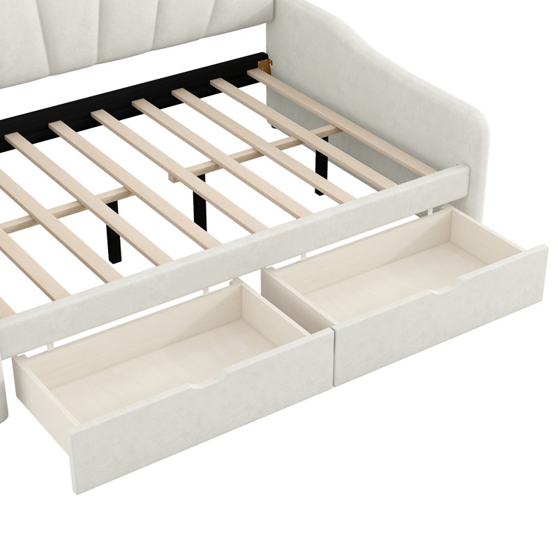 Upholstered Scalloped-Shaped Daybed with 2 Drawers, Beige
