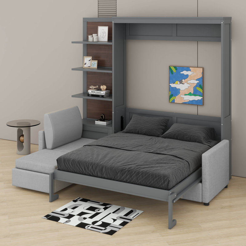 Grand lit escamotable avec canapé et tablettes, Gris