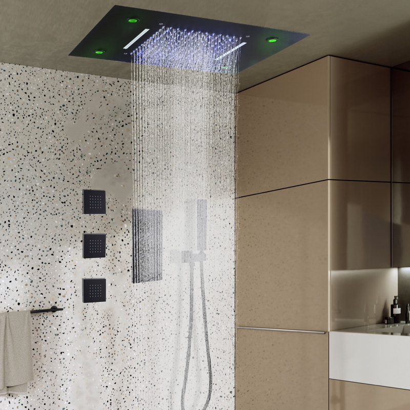 LED Thermostatic Complete Shower System with Rough-in Valve and Handheld Shower, Matte Black