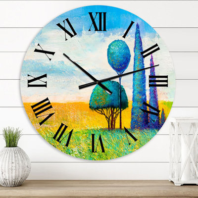 Paysage surréaliste d'arbres rouges et mauves - horloge murale