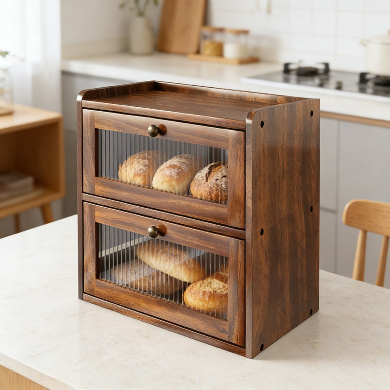 Double Layer Bread Box With Acrylic Window, Wooden Countertop Bread Storage Container With Ventilation For Freshness, Large Capacity Rustic Kitchen Organizer