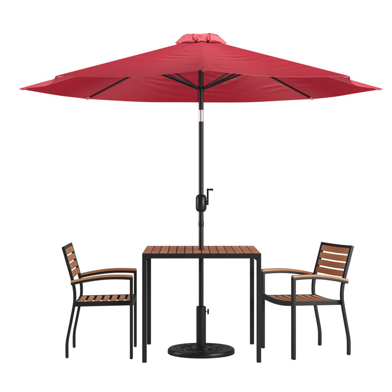 Abdul-Hadi 35" Square Faux Teak Patio Table, 2 Chairs and 9FT Patio Umbrella with Base, Red Umbrella