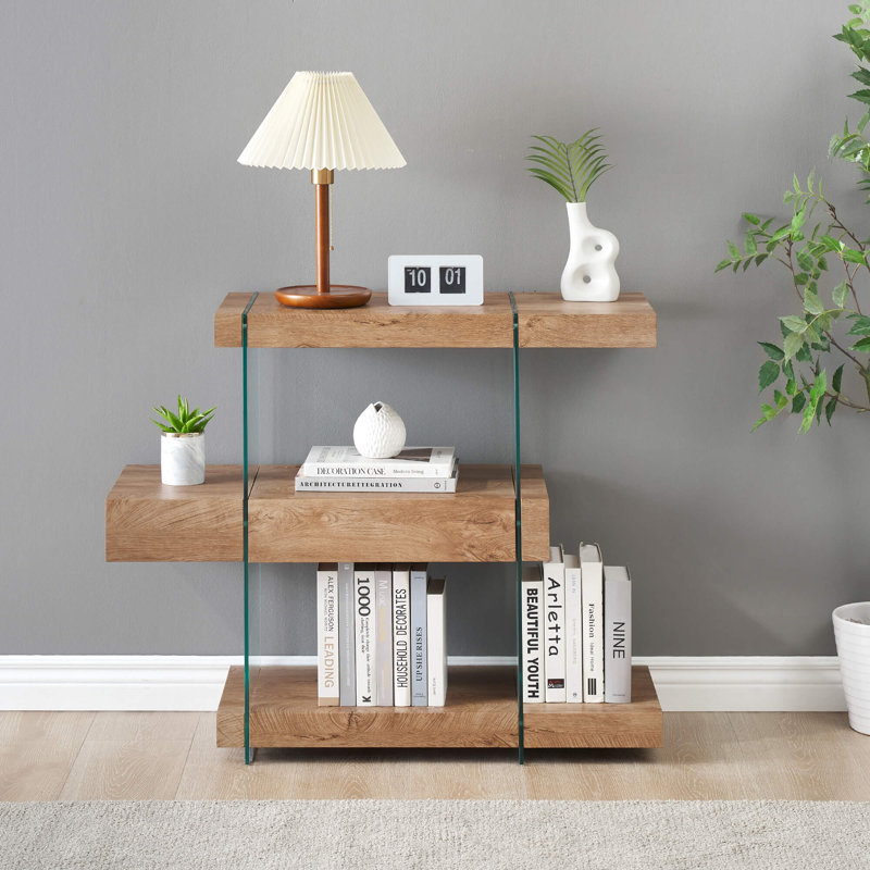 Console Narror de 32 po de longueur avec 3 tablettes à 3 niveaux et un tiroir caché, Bois de chêne