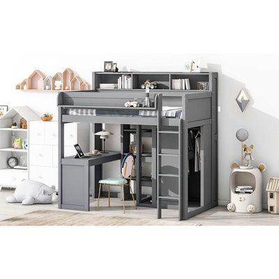 Lit mezzanine simple, gris - bois robuste et espace de rangement robuste et robuste