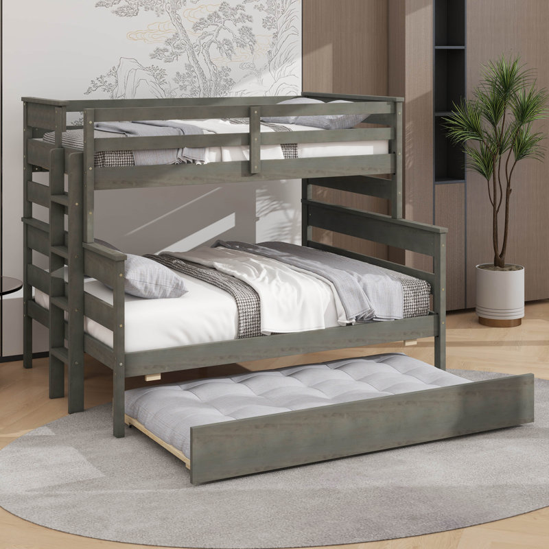 Wood Twin Over Full Bunk Bed With  Pull-Out Bed, Grey
