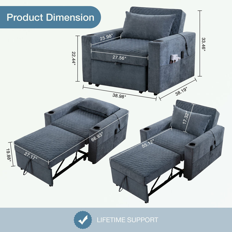 Canapé avec poche latérale, massage et coussin chauffant, Bleu