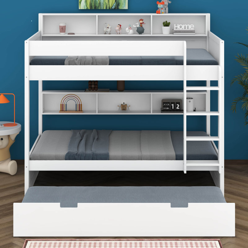 Lit superposé avec rangement et lit gigogne, structure de lit superposé en bois peu encombrante avec tablettes de chevet