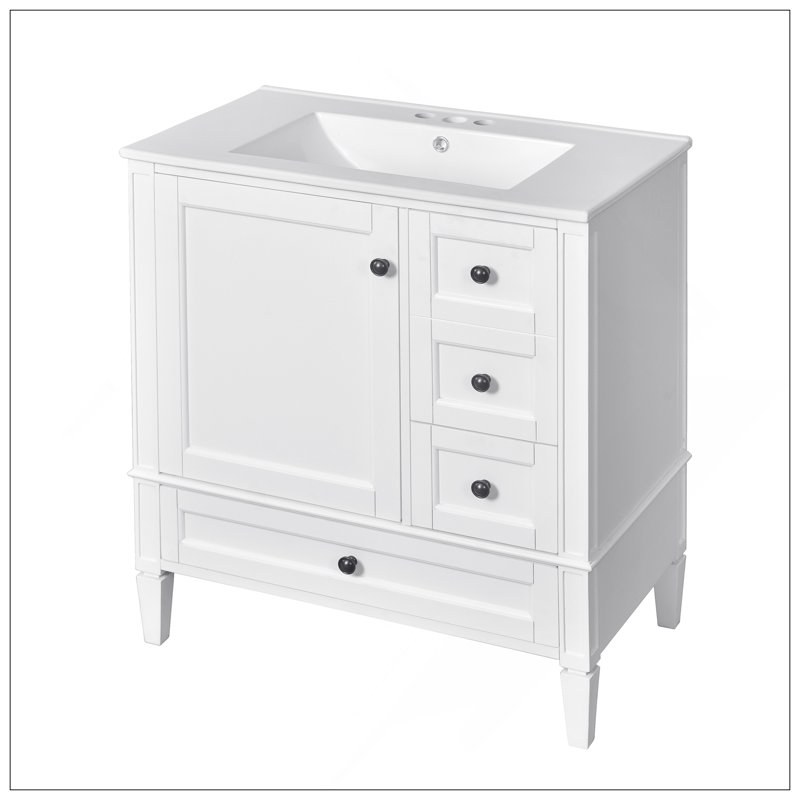 Meuble-lavabo moderne de 30 po avec lavabo en céramique, salle de bain grise à 3 tiroirs, meuble de rangement moderne en bois massif, idéal pour la maison