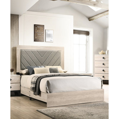 Lit pour grand lit moderne en bois d'hévéa, tête de lit classique, crème et gris