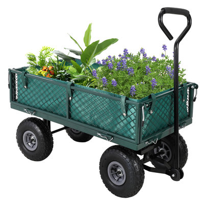 Chariot de jardin robuste en acier – Capacité de 200 kg – Chariot utilitaire pliable – Côtés et doublure en filet amovibles – Pneus de 25 cm – Poignée de traction – Pour pelouse, cour et usage extérieur – Vert