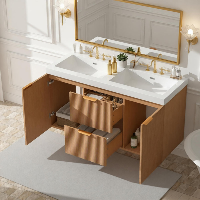 Meuble-lavabo double 47,24 pouces avec comptoir en bois massif, armoire en MDF, portes à fermeture en douceur, tiroirs divisés, meuble-lavabo mural moderne