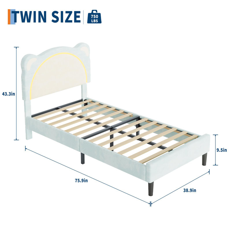 Twin Kids Bed Frame with Adjustable Headboard & LED Lights, Wooden Slats Support, No Box Spring Needed, Twin, Blue