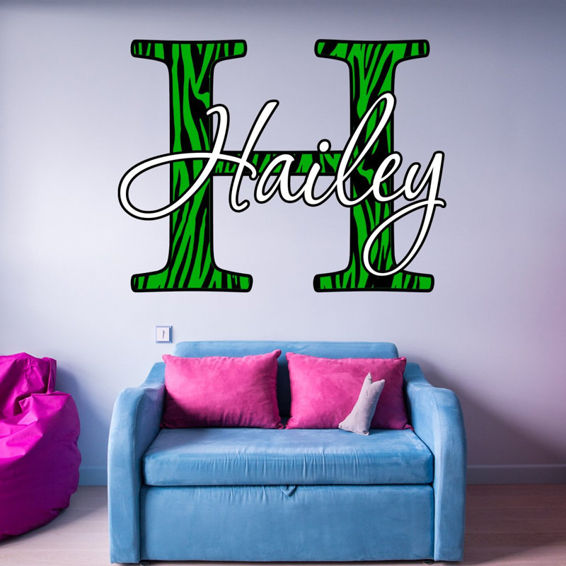 Décalcomanie murale nom personnalisé à imprimé monogramme zèbre, H 14 po x l 14 po x P 0,01 po, Oui, Vert