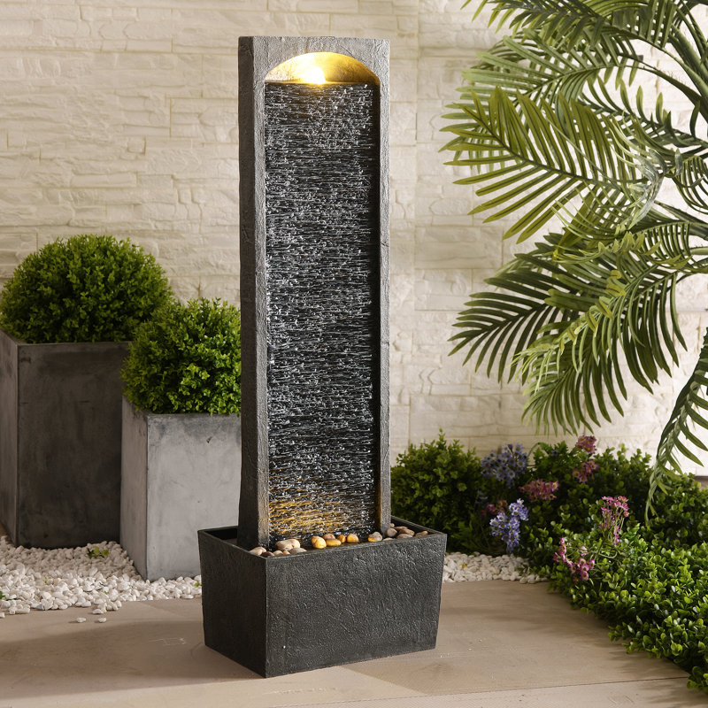Ergun Tiered LED Illuminated 38.58" H Resin Waterfall Fountain, Gray