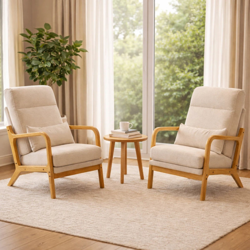Traditional High-Back Upholstered Accent Chair with Lumbar Pillow, Suitable for Bedroom, Living Room, and Study.
