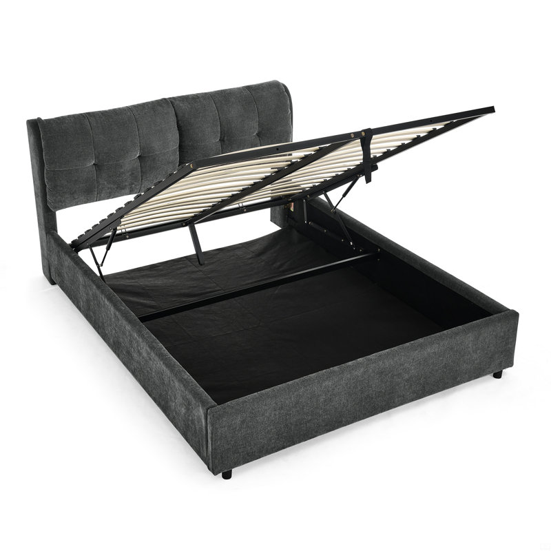 Grand lit plateforme tapissier hydraulique avec tête de lit intégrée en chenille, Gris