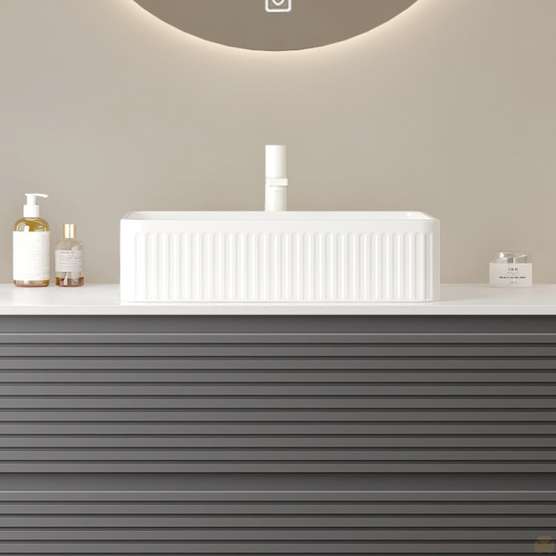 20'' Bathroom Sink, Rectangular Striped Vessel Ceramic Basin Without Faucet, No Cabinet, White