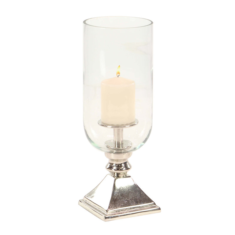   Aluminum Metal Pillar Hurricane Lamp, 17" H x 6" W x 6" D, Silver