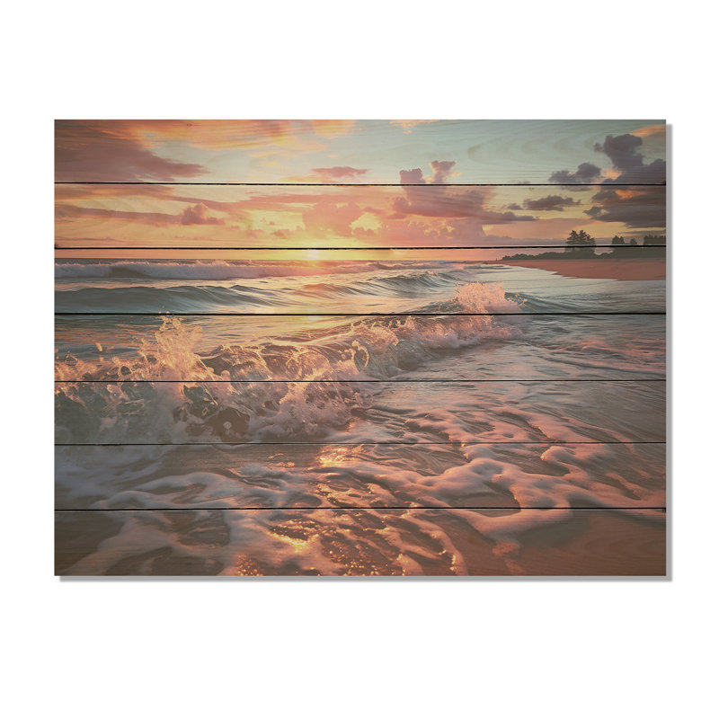 Beachside Sunset Horizon 5 - Rose On Wood Print, H 10 po x l 20 po x P 0,78 po