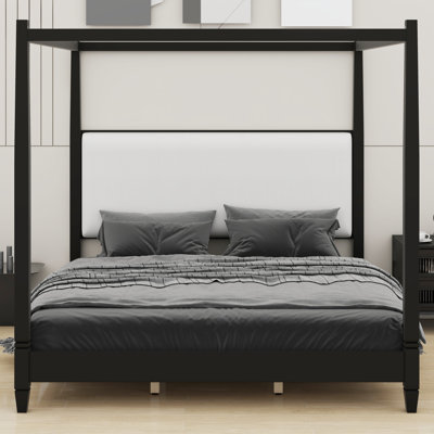 Lit plateforme à baldaquin élégant avec tête de lit tapissier et système de support à lattes en bois durable