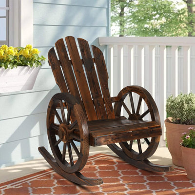 Outdoor Wagon Rocking Chair, Adirondack Rocker Chair W/Slatted Design And Back, Carbonized Patio Lounge Chairs Rustic Rocker With Wheel Armrest For Ga by Millwood Pines