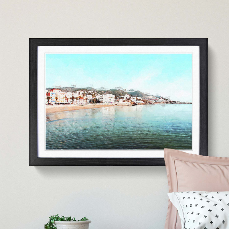 Shoreline of Sitges in Spain in Abstract - Picture Frame Graphic Art Print, 35cm H x 50cm W x 2cm D, Black