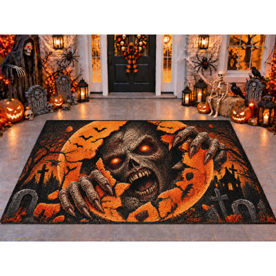 Tapis d'extérieur 5' x 7' Halloween Zombie Intérieur Lune, Tapis bouclé en PVC solide et imperméable, Tapis de patio robuste, Tapis d'intérieur/extérieur à séchage rapide pour porche, terrasse, balcon, entrée.