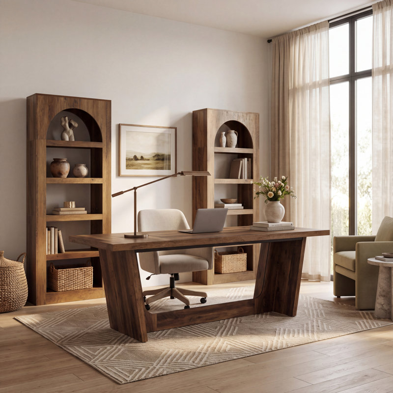Ensemble de bureau à domicile 3 pièces Modern Farmhouse: bureau à domicile 70,9 "et bibliothèque arquée à 5 niveaux H 70,8"