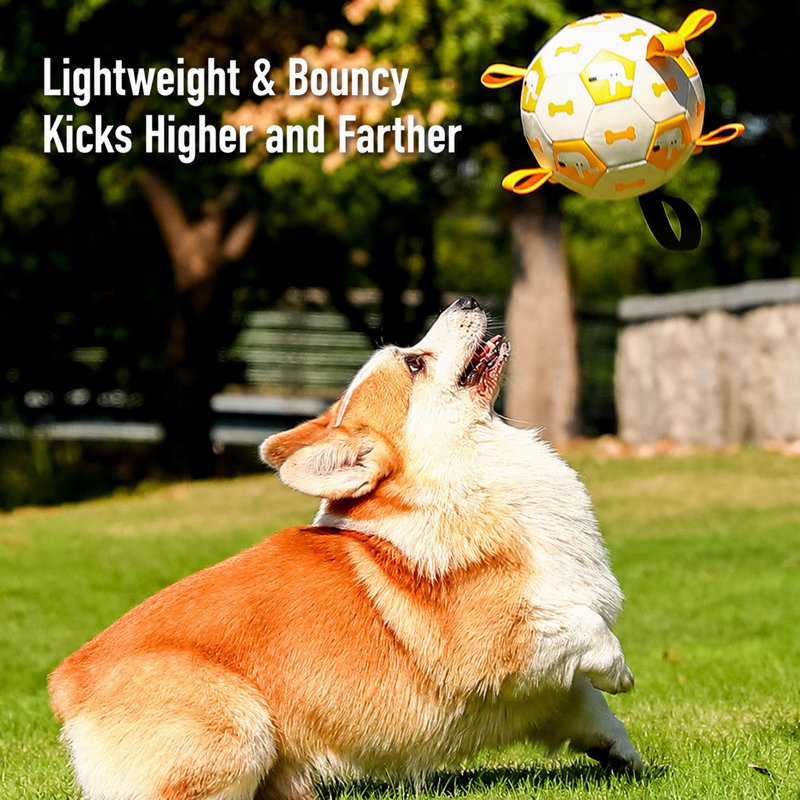 Ballon de soccer pour chien avec sangles - jouet interactif de 5,9 po et 7,5 po avec poignée, TPU durable, conception flottante et imperméable, pour petits et grands chiens (3 motifs)