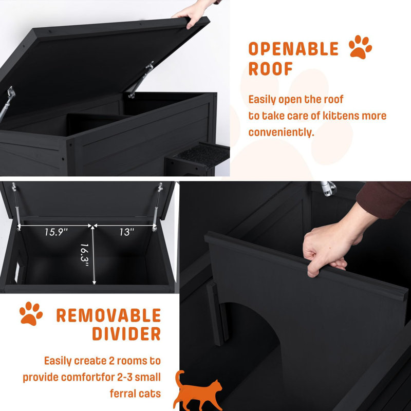 Elizibeth Outdoor-Cat-House with Fold-up Stair, Black