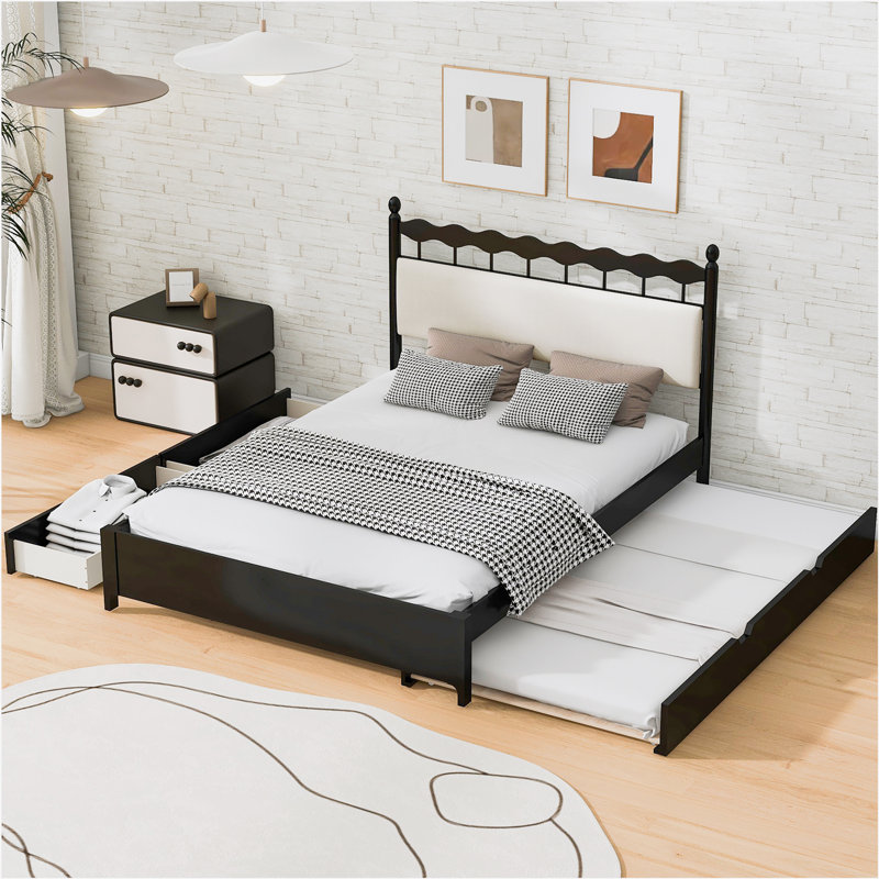 Clorindo Upholstered Standard Bed with Drawers, Black