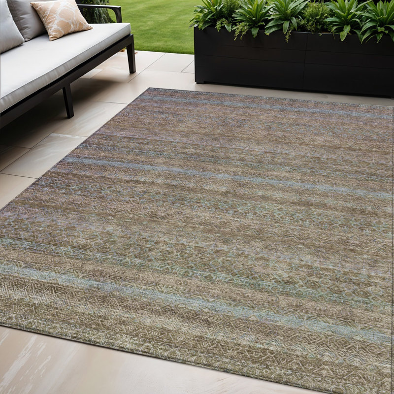 Tapis intérieur lavable rayé brun et bleu denim 5 pi x 8 pi