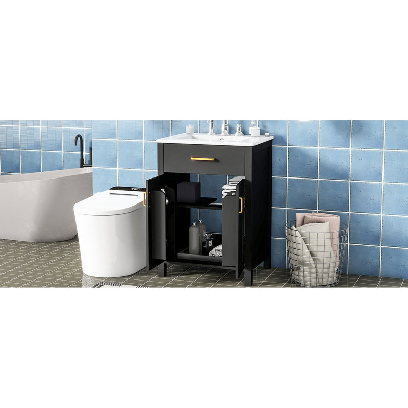 Meuble-lavabo 24 po avec lavabo en céramique - Meuble-lavabo moderne. Bois massif et fabrication. Armoire noire. Poignées dorées. 2 portes à fermeture en douceur. +