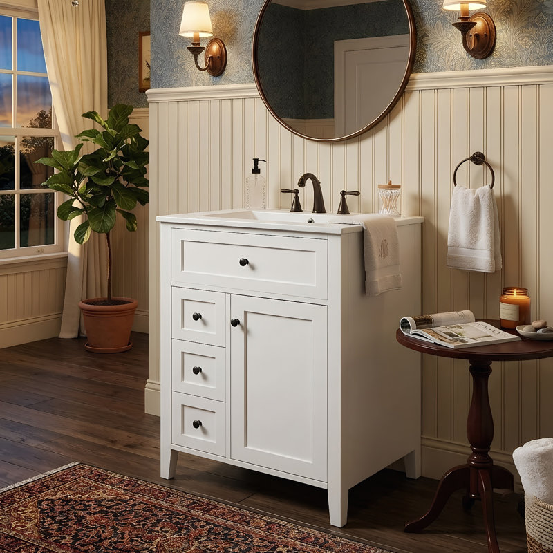 Meuble-lavabo moderne 24 po avec lavabo, 3 tiroirs et support de porte (noir / blanc / bleu / gris / vert), Blanc