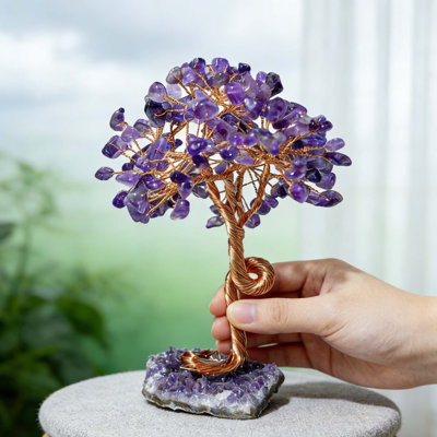  4.72 Inch Amethyst Geode Cluster Base Crystal Money Tree - Handcrafted 9-Branch Copper Wire Bonsai with Raw Gemstone Leaves