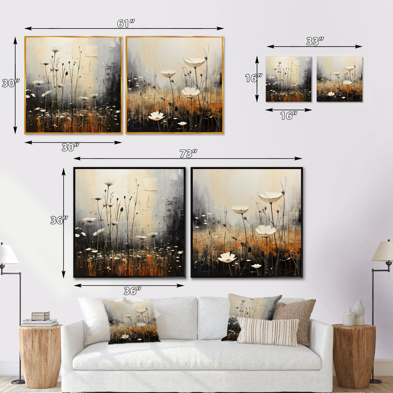 Minimalisme prairie au crépuscule - ensemble de 2 collages carrés Meadow, Toile tendue, H 16 po x l 33 po