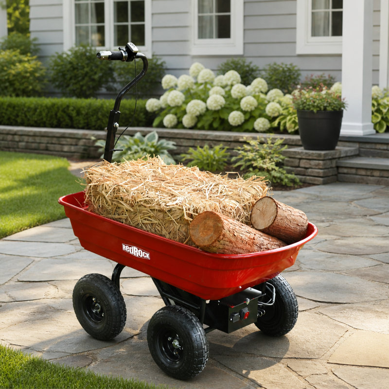 Chariot de jardin électrique puissant de 24 V et 180 W, d'une capacité de 75 L et d'une charge maximale de 120 kg, idéal pour les travaux extérieurs intensifs.