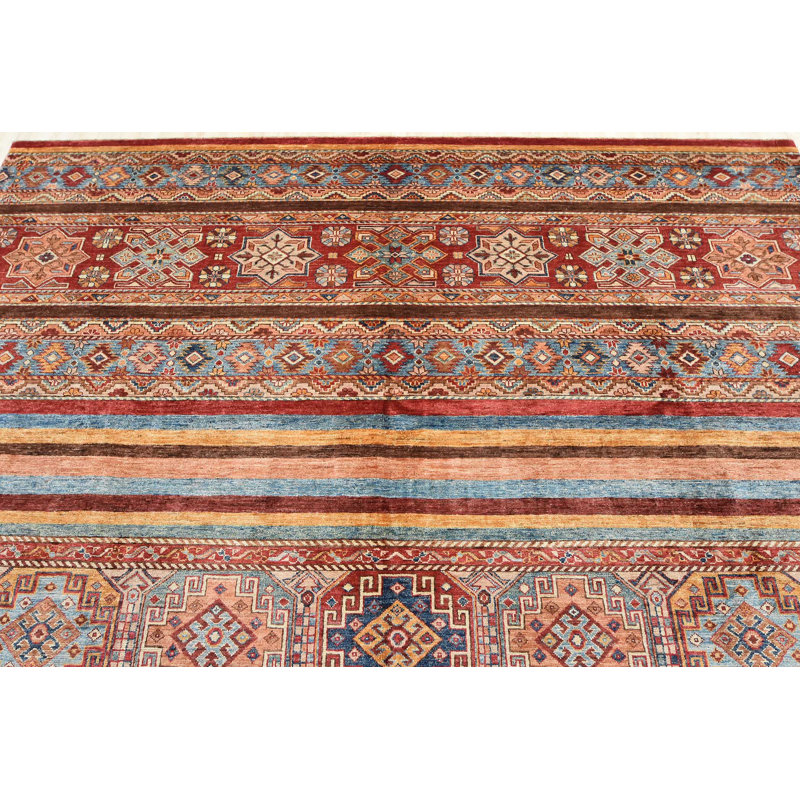 Tapis rouge en laine noué à la main de conception unique 8 pi 4 po x 9 pi 8 po Gabrille