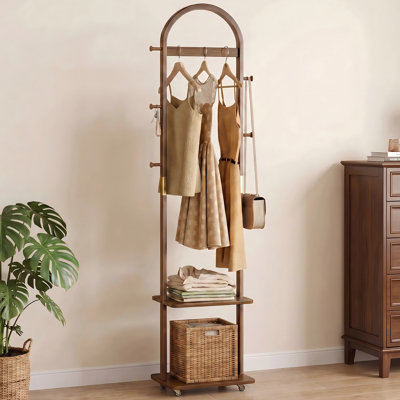Solid Rubberwood Coat Rack with 5 Hooks, 2 Shelves & 4 Locking 360° Swivel Wheels – Freestanding Wooden Hall Tree in Walnut for Entryway, Hallway, Bedroom, Living Room