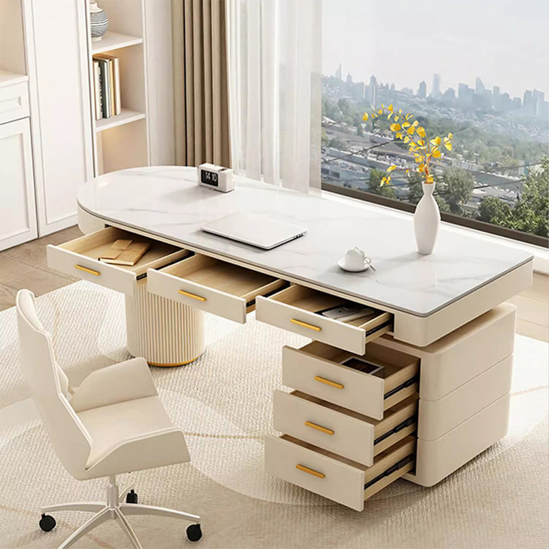 Blanc + demi-cercle en pierre frittée blanc crème + bureau en bois manufacturé avec tiroirs