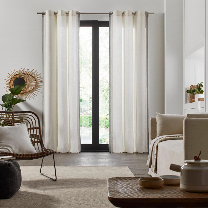Elio Linen Semi Sheer Door Curtain Single Panel, White/Grey