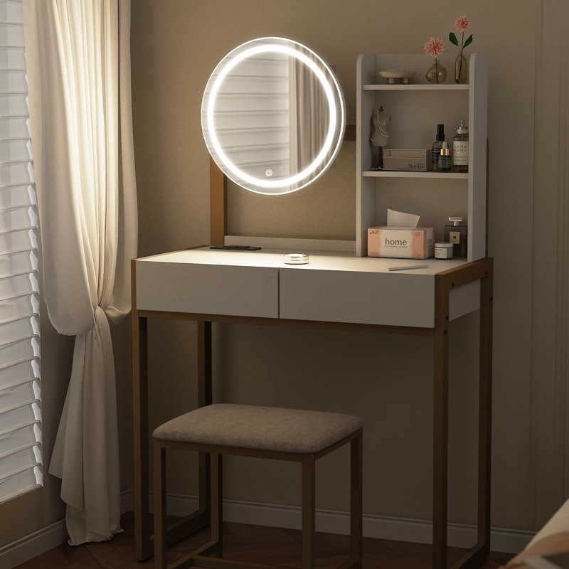 Small Vanity Desk With Mirror And Lights, Makeup Vanity Table With Led Mirror, 3 Lighting Modes, Power Outlet, Drawer, Open Shelves And Cushioned Stool For Bedroom