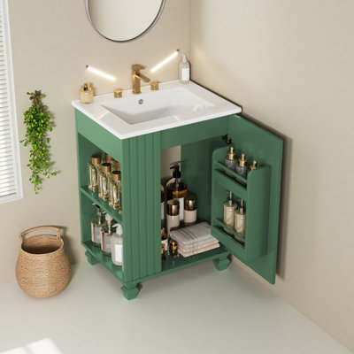 Meuble-lavabo 24 po avec lavabo, armoire de salle de bain avec tablette de porte, rangement latéral ouvert, structure en bois massif, porte à fermeture douce