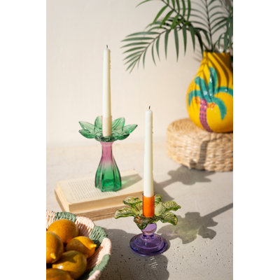  Set of Two Taper Candle Holders, Multicolor Glass Flower Design, Decorative Tabletop Decor