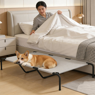 Large Portable Elevated Pet Bed - 9-inch Off-Ground Height, 600D Chew-Resistant Breathable Mesh, Indoor & Outdoor Use, Suitable for Large Dogs,150 lbs Capacity(Beige)