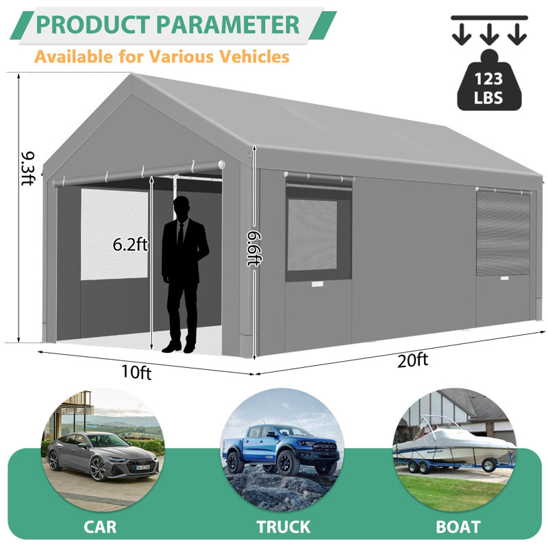 10'x20' Heavy Duty Portable Garage, Upgraded Car Canopy with Removable Sidewalls, Gray