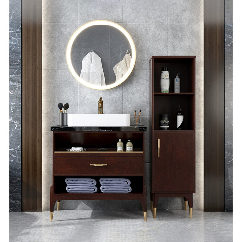 Nouveau meuble-lavabo en bois d'hévéa de style chinois avec rangement pour salle de bain, 63 "H x15.7"W x 13.8"D