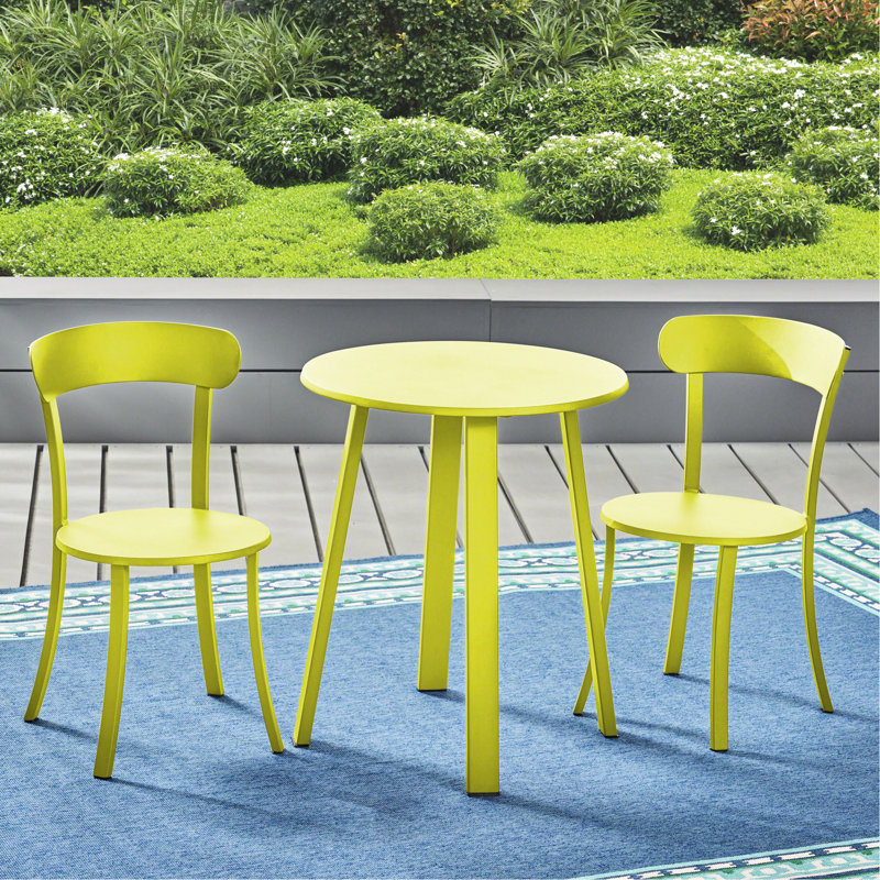 Bistro d'extérieur en fer thermolaqué, couleur lime mat, pour rassemblements, 2 chaises et 1 table